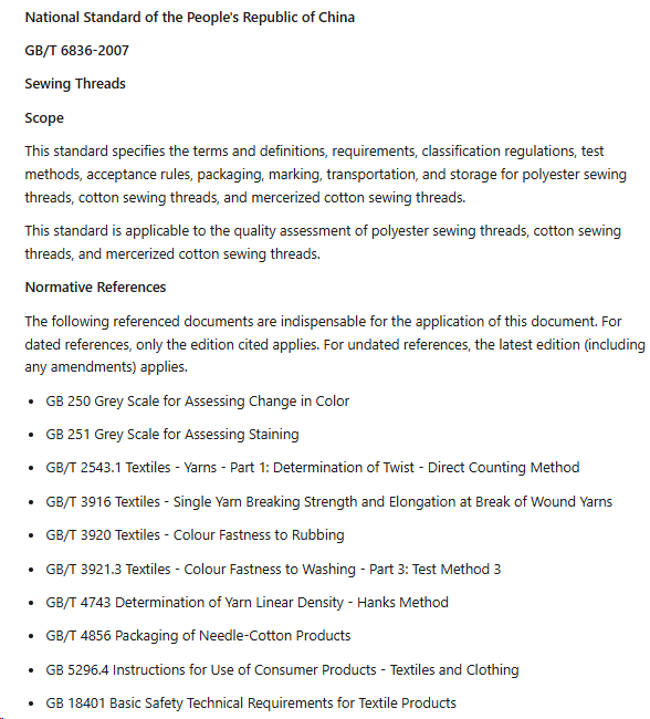 polyester sewing thread standards